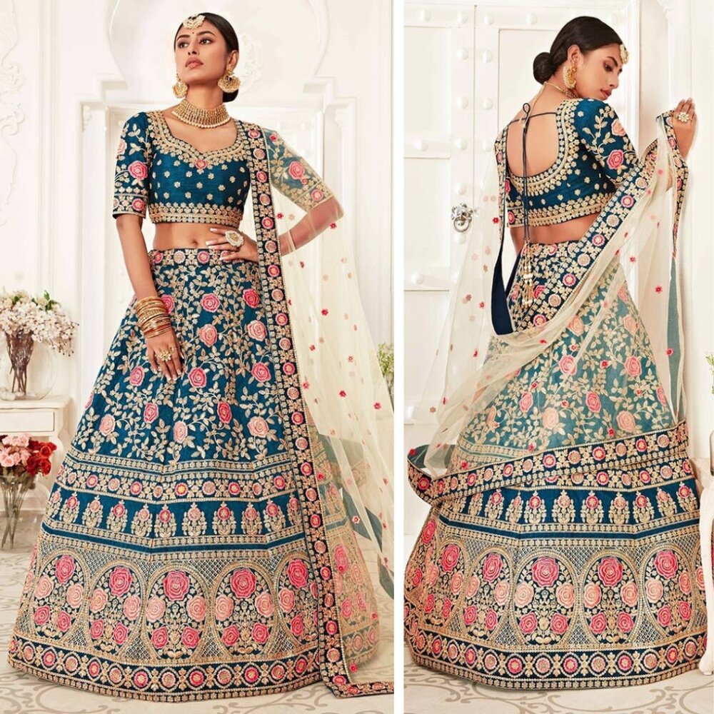 NEW Teal Blue Floral Embroidered Umbrella Lehenga Choli Dupatta Set, 33" Bust